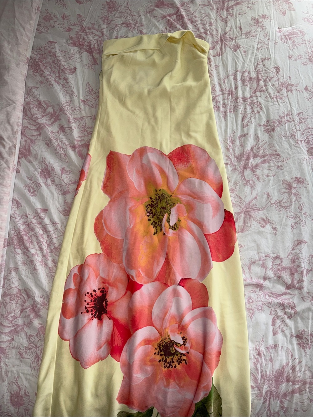 Sincerely Jules Yellow Strapless Maxi Dress with Pink-Red Floral Print